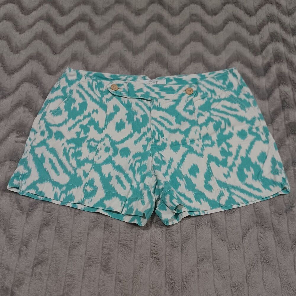 Loft Womens Size 8 White Blue Linen Blend Flat Front Chino Shorts